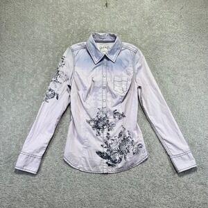 Y2 Guess Jeans Shirt Womens Small Lavender Floral Graphic Pearl Snap Grunge